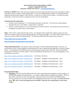 Advanced Placement European History (APEH) Summer Assignment 2021-2022 Instructor: Maude Irene Stearns – Stearnsd@Skschools.Org