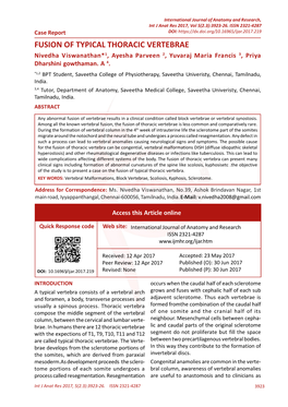 FUSION of TYPICAL THORACIC VERTEBRAE Nivedha Viswanathan*1, Ayesha Parveen 2, Yuvaraj Maria Francis 3, Priya Dharshini Gowthaman