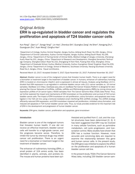 Original Article ERH Is Up-Regulated in Bladder Cancer and Regulates the Proliferation and Apoptosis of T24 Bladder Cancer Cells