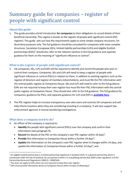 Summary Guide for Companies – Register of People with Significant Control