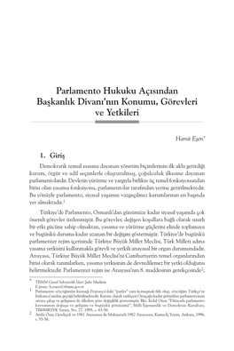 Parlamento Hukuku Açısından Başkanlık Divanı'nın Konumu, Görevleri Ve Yetkileri