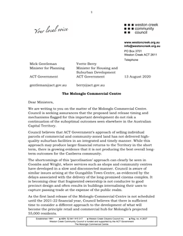 Mick Gentleman Yvette Berry Minister for Planning Minister for Housing and Suburban Development ACT Government ACT Government 13 August 2020