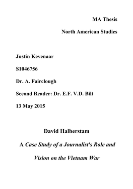 David Halberstam a Case Study of a Journalist's Role and Vision on The