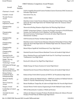 FIRST Robotics Competition Award Winners Award Team Number Name