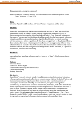 Urbanity, Precarity, and Homeland Activism: Burmese Migrants in Global Cities,” Moussons, 22:2, Pp