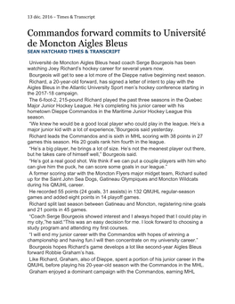 Commandos Forward Commits to Université De Moncton Aigles Bleus SEAN HATCHARD TIMES & TRANSCRIPT