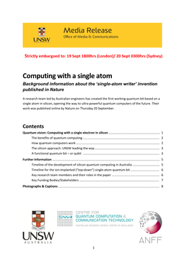 Computing with a Single Atom Background Information About the ‘Single-Atom Writer’ Invention Published in Nature