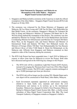 1 Joint Statement by Singapore and Malaysia on Resumption of the Johor Bahru – Singapore Rapid Transit System Link Project 1