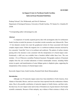 An Impact Crater in Northeast South Carolina Inferred from Potential Field Data