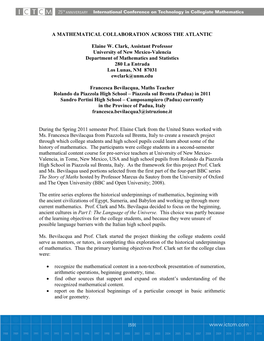 A MATHEMATICAL COLLABORATION ACROSS the ATLANTIC Elaine W. Clark, Assistant Professor University of New Mexico-Valencia Departme