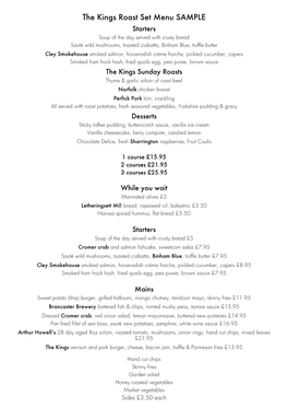 The Kings Roast Set Menu SAMPLE