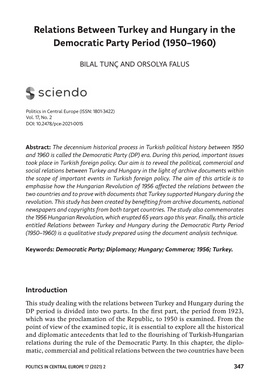 Relations Between Turkey and Hungary in the Democratic Party Period (1950–1960)