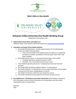 Delaware Valley University One Health Working Group Doylestown, Pennsylvania, USA