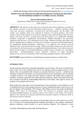 DOMINANCE of SPOUSES of IGBO HOUSEHOLDS in PURCHASE DECISION of HOUSEHOLD GOODS in ANAMBRA STATE, NIGERIA Anyasor Okwuchukwu