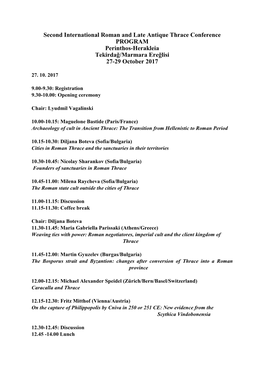 Second International Roman and Late Antique Thrace Conference PROGRAM Perinthos-Herakleia Tekirdağ/Marmara Ereğlisi 27-29 October 2017