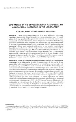 Llfe TABLES of the SOYBEAN LOOPER RACHIPLUSIA NU (LEPIDOPTERA: NOCTUIDAE) in the LABORATORY*