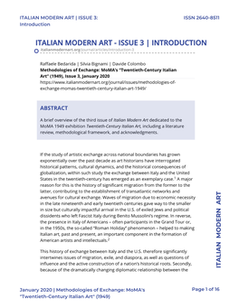ITALIAN MODERN ART | ISSUE 3: ISSN 2640-8511 Introduction