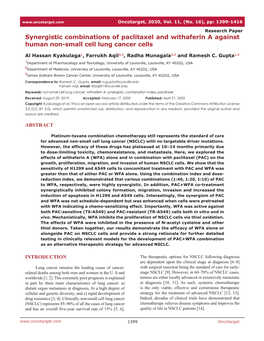 Synergistic Combinations of Paclitaxel and Withaferin a Against Human Non-Small Cell Lung Cancer Cells