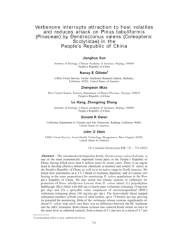 By Dendroctonus Valens (Coleoptera: Scolytidae) in the People’S Republic of China 732