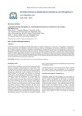 A REVIEW on PHYTOCHEMICAL and PHARMACOLOGICAL POTENTIAL of FAMILY ORCHIDACEAE Mamta Arora 1*, Anupama Mahajan 2, Jaspreet K