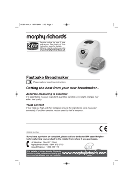 Fastbake Breadmaker Please Read and Keep These Instructions Getting the Best from Your New Breadmaker