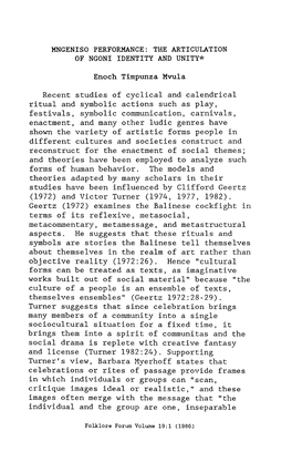 THE ARTICULATION of NGONI IDENTITY and UNITY* Enoch Timpunza Mvula Recent Studies of Cyclical and Calendri