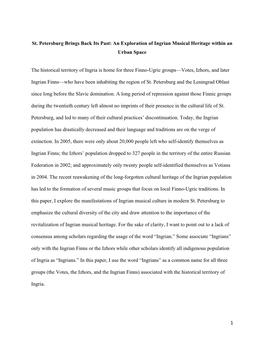 1 St. Petersburg Brings Back Its Past: an Exploration of Ingrian Musical Heritage Within an Urban Space the Historical Territory