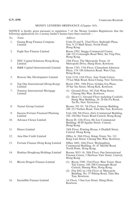 G.N. 4196 Companies Registry MONEY LENDERS ORDINANCE (Chapter 163) NOTICE Is Hereby Given Pursuant to Regulation 7 of the Money