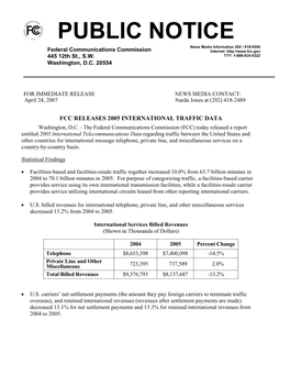 PUBLIC NOTICE News Media Information 202 / 418-0500 Federal Communications Commission Internet: 445 12Th St., S.W