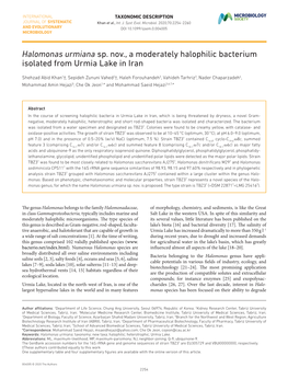 Halomonas Urmiana Sp. Nov., a Moderately Halophilic Bacterium Isolated from Urmia Lake in Iran