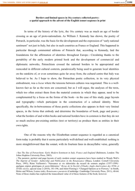 In Terms of the History of the Lyric, the 16Th Century Was As Much an Age of Border Crossing As an Age of Proto-Nationalism