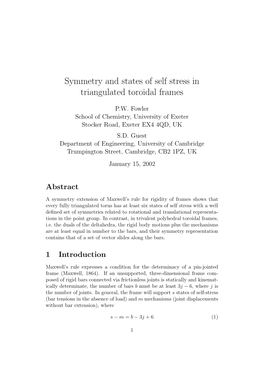 Symmetry and States of Self Stress in Triangulated Toroidal Frames