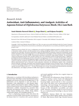 Antioxidant, Anti-Inflammatory, and Analgesic Activities of Aqueous Extract of Diploknema Butyracea (Roxb.) H.J