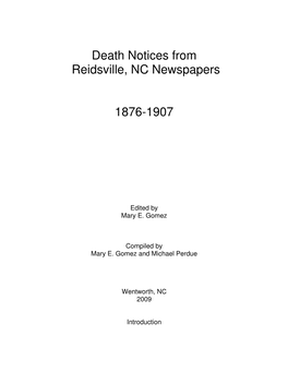Death Notices from Reidsville, NC Newspapers 1876-1907