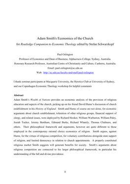 Adam Smith's Economics of the Church for Routledge Companion to Economic Theology Edited by Stefan Schwarzkopf