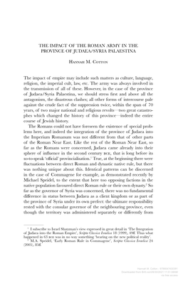 The Impact of the Roman Army in the Province of Judaea/Syria Palaestina