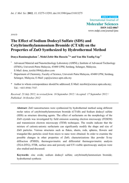 The Effect of Sodium Dodecyl Sulfate (SDS) and Cetyltrimethylammonium Bromide (CTAB) on the Properties of Zno Synthesized by Hydrothermal Method