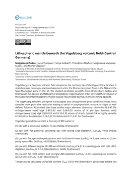 Lithospheric Mantle Beneath the Vogelsberg Volcanic Field (Central Germany)