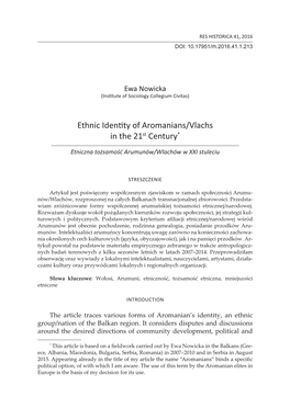 Ethnic Identity of Aromanians/Vlachs in the 21St Century*