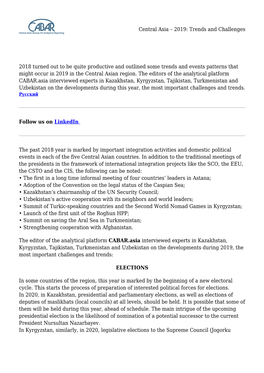 Central Asia – 2019: Trends and Challenges