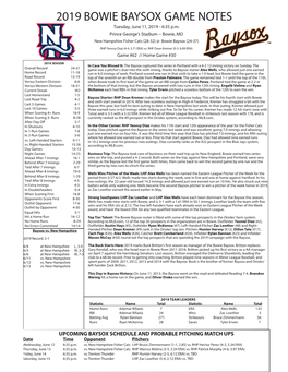 2019 BOWIE BAYSOX GAME NOTES Tuesday, June 11, 2019 - 6:35 P.M
