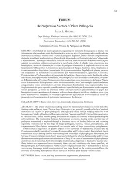 Heteroptera As Vectors of Plant Pathogens