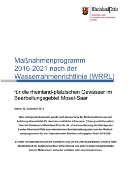 Maßnahmenprogramm 2016-2021 Nach Der Wasserrahmenrichtlinie (WRRL) Für Die Rheinland-Pfälzischen Gewässer Im Bearbeitungsgebiet Mosel-Saar