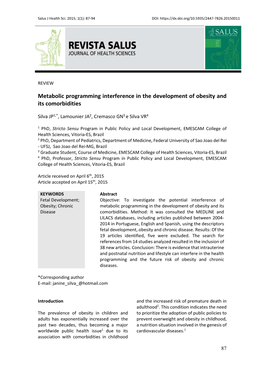 Metabolic Programming Interference in the Development of Obesity and Its Comorbidities