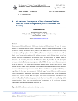 8. Growth and Development of Satya Sanatan Mahima Dharma and Its Widespread Impact on Odisha in 19Th Century