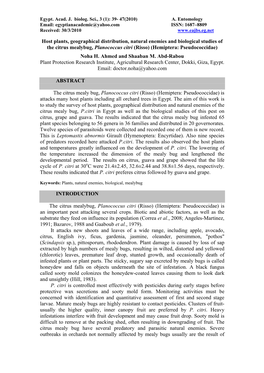 Host Plants, Geographical Distribution, Natural Enemies and Biological Studies of the Citrus Mealybug, Planococcus Citri (Risso) (Hemiptera: Pseudococcidae) Noha H