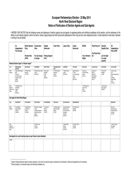 European Parliamentary Election - 22 May 2014 North West Electoral Region Notice of Particulars of Election Agents and Sub-Agents