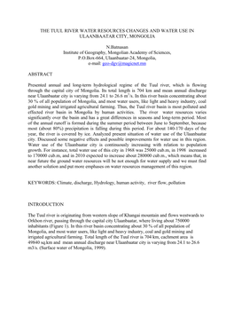 THE TUUL RIVER WATER RESOURCES CHANGES and WATER USE in ULAANBAATAR CITY, MONGOLIA N.Batnasan Institute of Geography, Mongolian