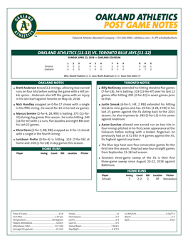 Oakland Athletics Post Game Notes