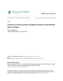 Growth in a Frontier Society: Population Increases in the Northern Neck of Virginia